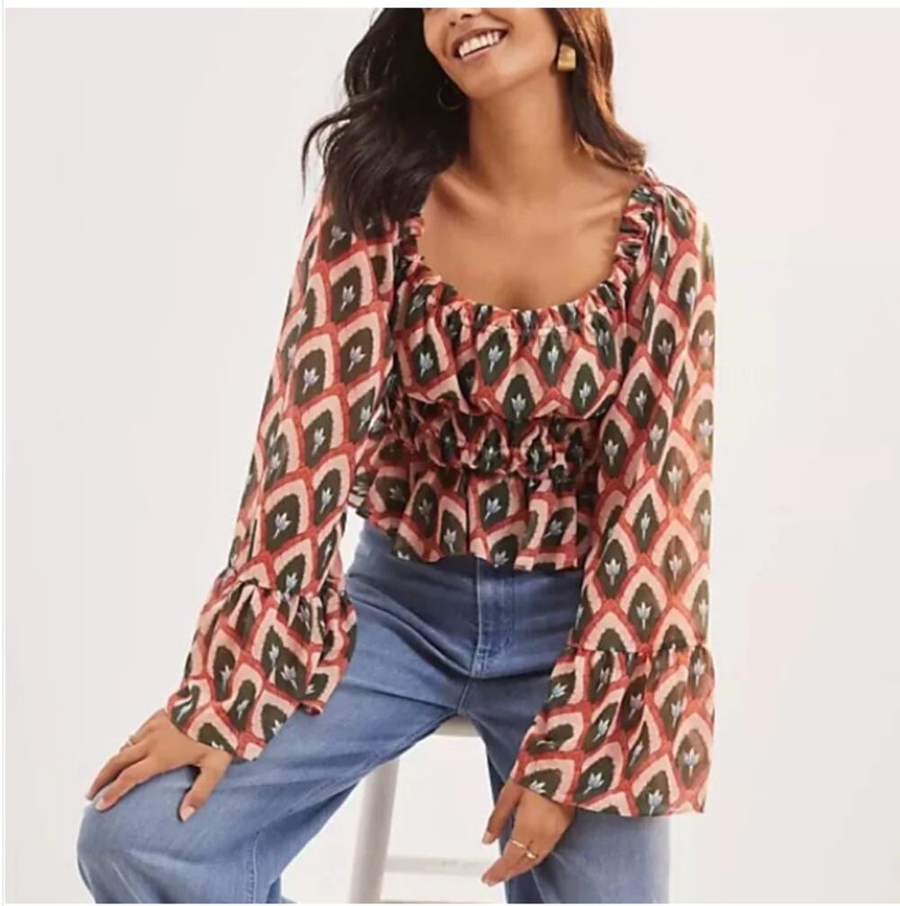 Hutch for Anthropologie Off-the-Shoulder Smocked Bell-Sleeve Crop Top S